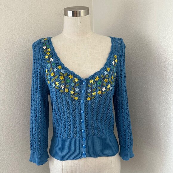 Anthropologie Sweaters - Anthropologie Guinevere Crochet Knit Cardigan V Neck Floral Embroidered Boho Blu